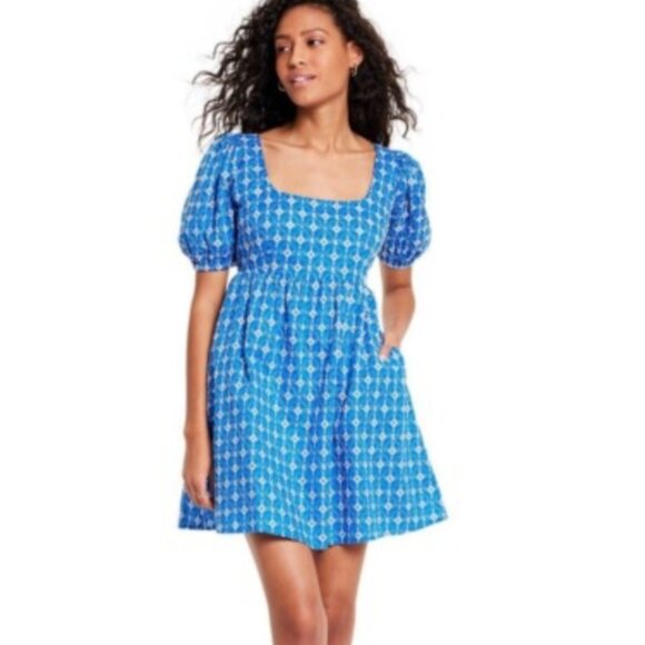 RHODE x Target Embroidered Eyelet Mini Dress Blue and White with Pockets - Picture 11 of 16